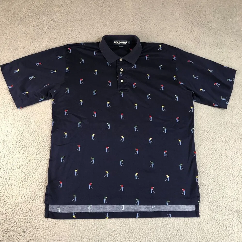 Polo Golf Ralph Lauren Shirt Mens Large Polo‎ Blue Allover Graphic Dadcore Slit